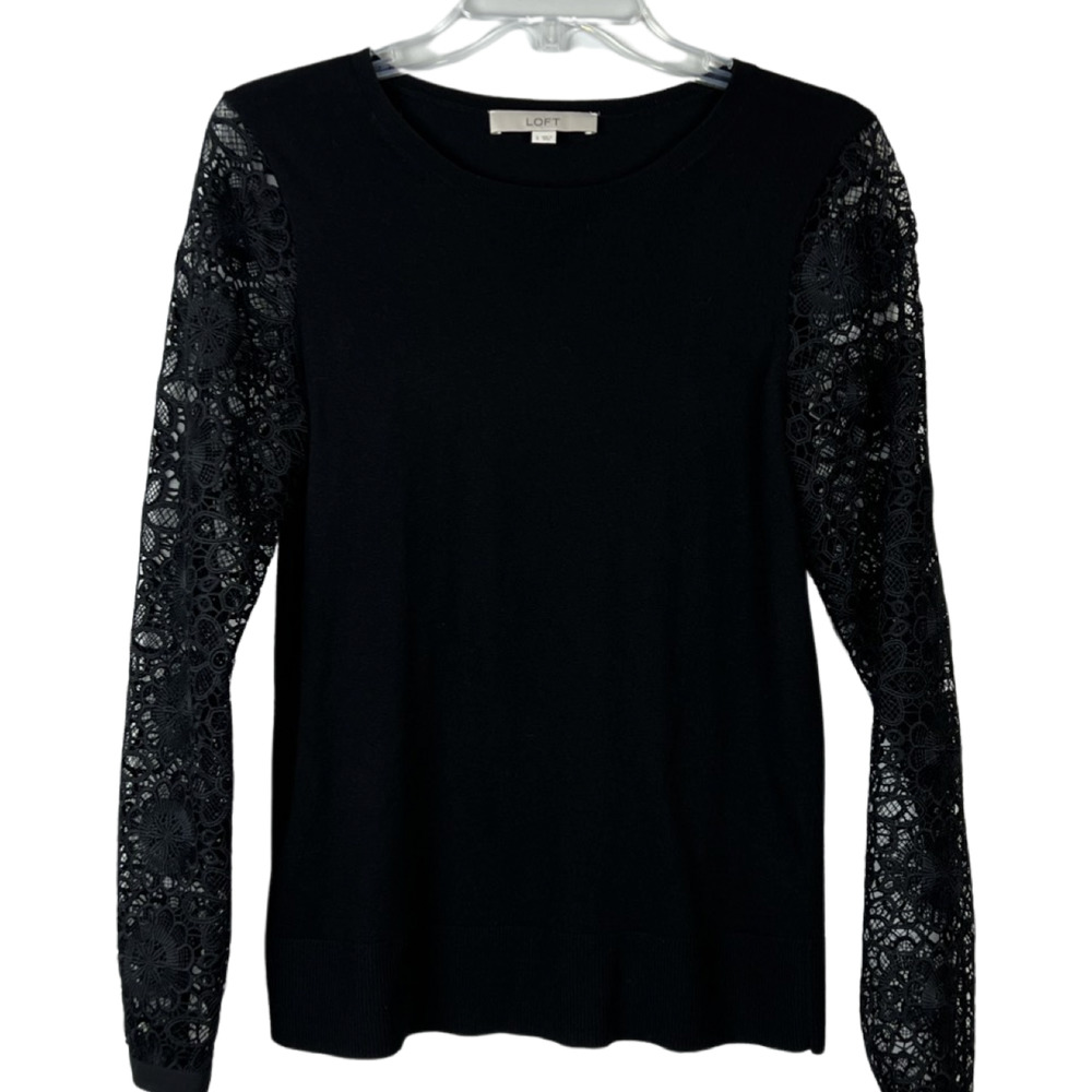 Loft Black Crew Neck Sweater Lace Sleeves Sz S